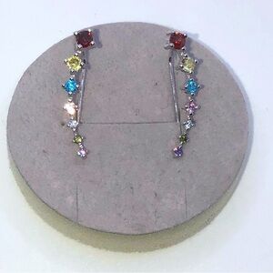 925 Sterling Silver & Rainbow Cz Climber Earrings 1.1”